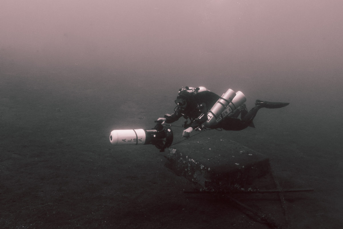 Technical diver using a DPV. Learning how to dive like this requires a lot of technical diving information