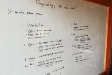 Whiteboard showing notes on diving physiology. Here the 5 minute neuro exam